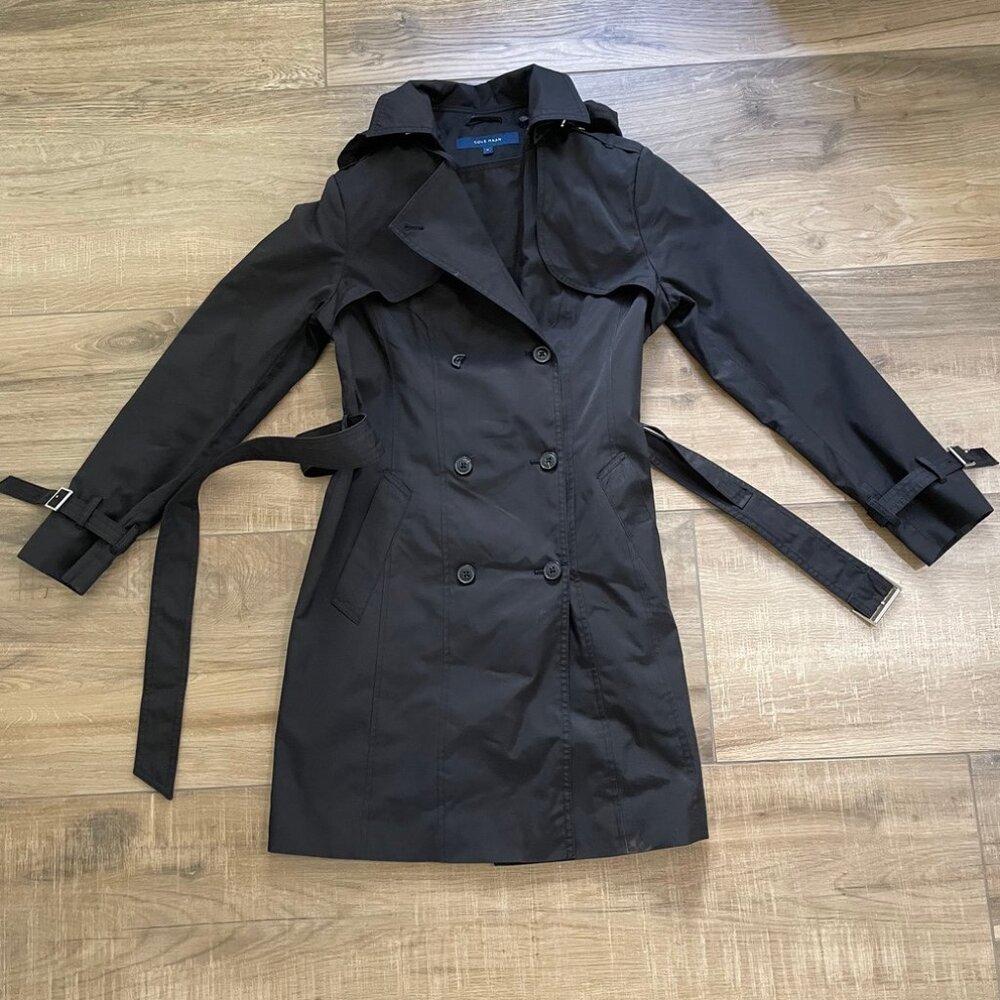 Cole Haan Trench Coat Womens Medium Black Classic Double Breasted Hooded Jacket